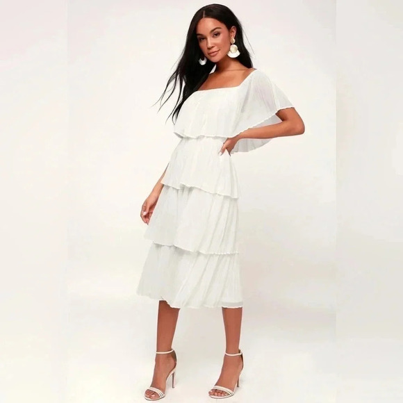 Lulus Gala Ready Off Shoulder Ruffle Midi Dress pleated bridal tiered engagement - Picture 8 of 9